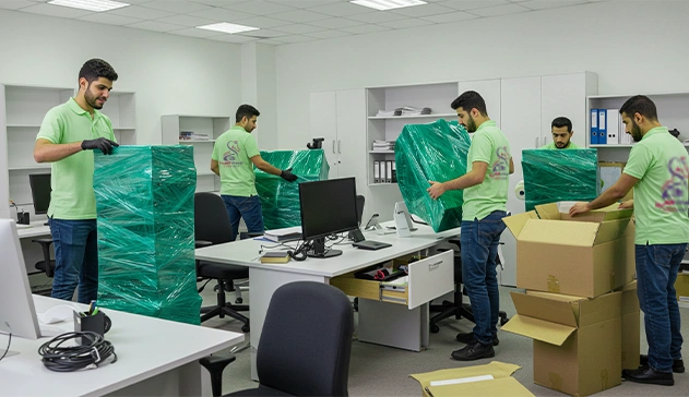 فريق عمل من شركة نقل عفش بجدة يجهز أثاث المكاتب للتغليف والنقل داخل شركة
