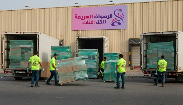 "فريق شركة الرهوان السريعة ينقل قطع الأثاث إلى مستودع تخزين العفش في جدة باستخدام سيارات مجهزة ومساحات تخزين مؤمنة بالكامل. "