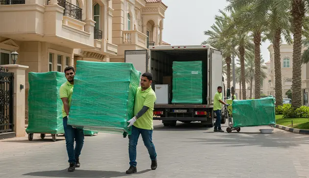 "فريق شركة نقل عفش بجدة يقوم بتغليف أثاث غرفة الطعام داخل شقة سكنية لحمايته أثناء النقل "