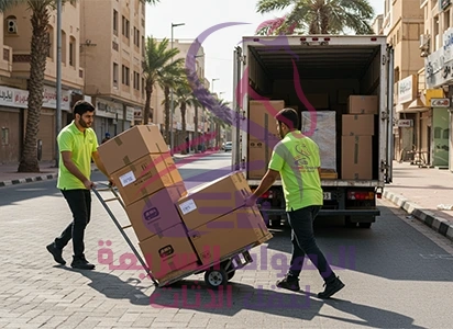 "عمال شركة الرهوان السريعة ينقلون كراتين الأثاث بعناية ضمن خدمات نقل العفش بجدة باستخدام عربات يدوية في بيئة منظمة وآمنة "