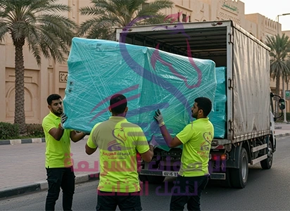 "فريق شركة الرهوان السريعة ينقل قطعة أثاث ثقيلة إلى الشاحنة ضمن خدمة نقل عفش بجدة تُنفذ باحترافية وتنسيق دقيق بين الطاقم "
