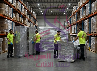 "عمال الرهوان السريعة يُجهزون قطع العفش داخل مستودع التخزين ضمن خدمات نقل عفش بجدة التي تشمل التغليف والتخزين باحترافية "