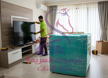 "أحد موظفي شركة نقل عفش بجدة يفك شاشة تلفاز بعناية ضمن تجهيزات متكاملة لنقل الأثاث داخل المنزل وحماية كل قطعة إلكترونية "