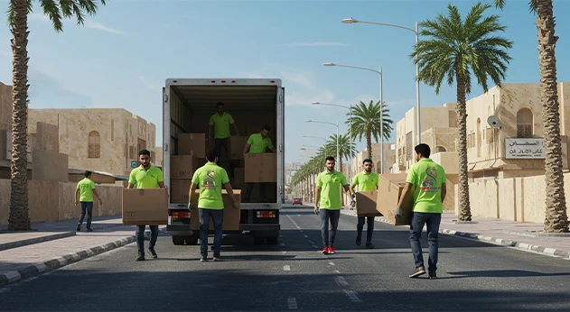"فريق شركة نقل عفش بجدة من الرهوان السريعة أثناء تنفيذ عملية تحميل واقعية في أحد أحياء جدة السكنية "