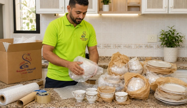 الرهوان السريعة نقل عفش جدة بتغليف المطبخ والأواني بعناية